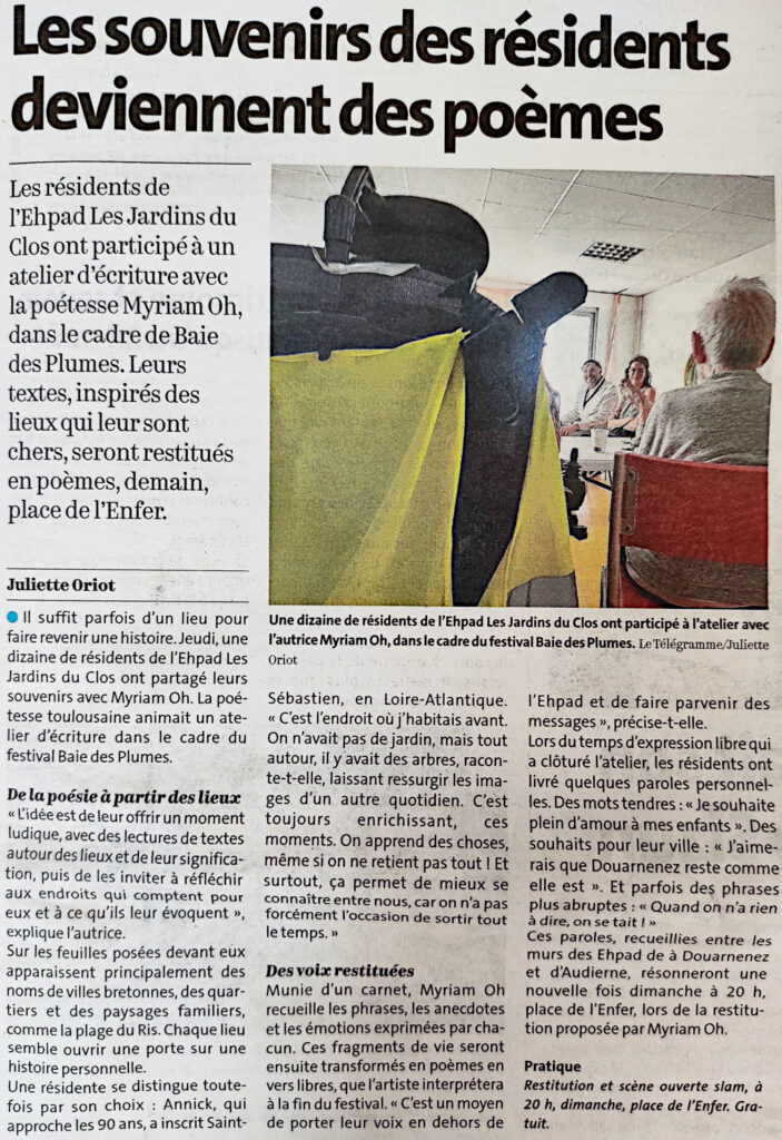 Ateliers écriture EHPAD, Salon Baie des Plumes, Douarnenez, Août 2026